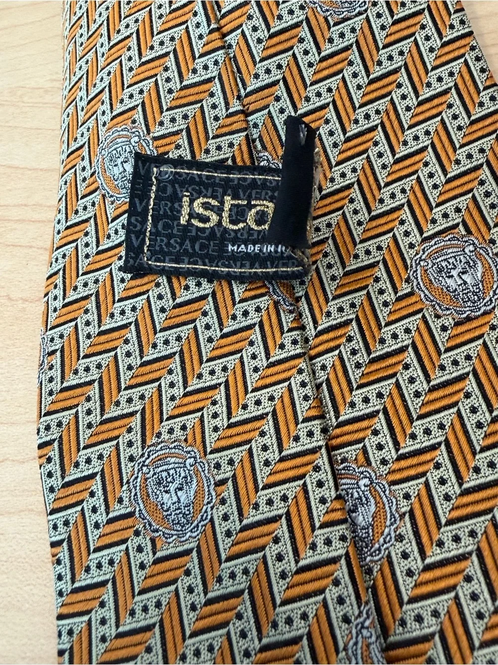 Versace Gold and Gray Medallion Pattern Silk Tie